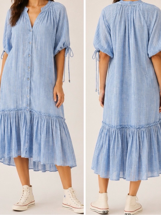 Free People Dresses & Skirts - Free People Maya Blue Midi Shirt Dress Boho Oversized Button Down V-Neck
